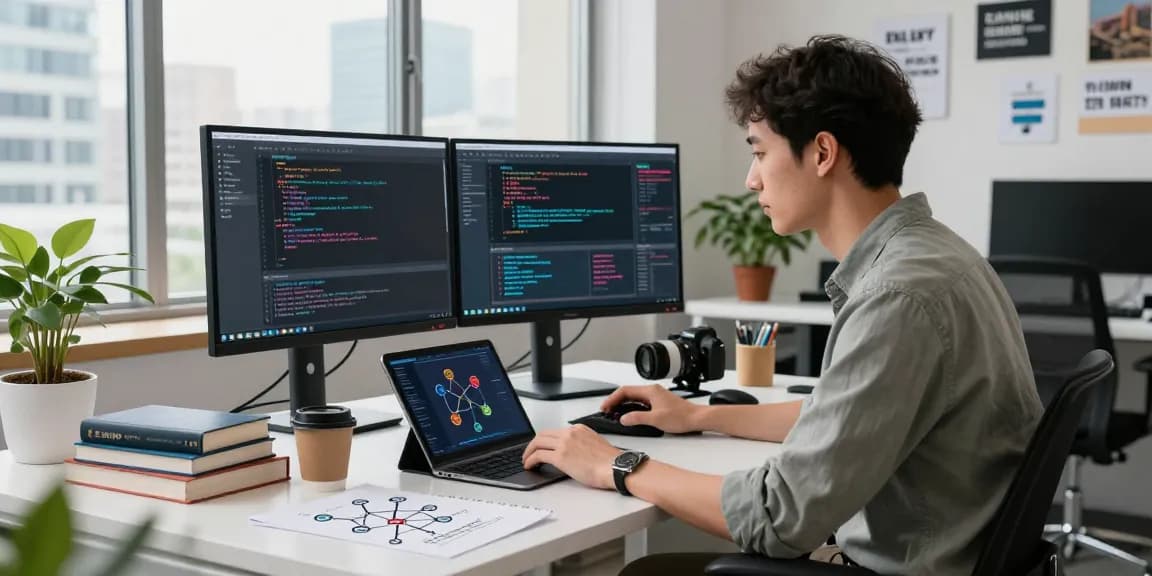 A data scientist utilizing advanced machine learning tools in a modern office with dual-monitor setup, showcasing Python visualizations and creative workspace elements.