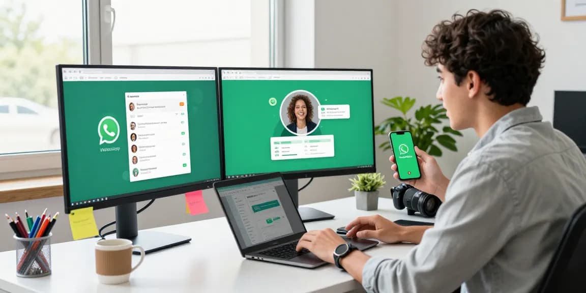 WhatsApp下載 scene with a professional using dual monitors and a smartphone in a modern office environment.