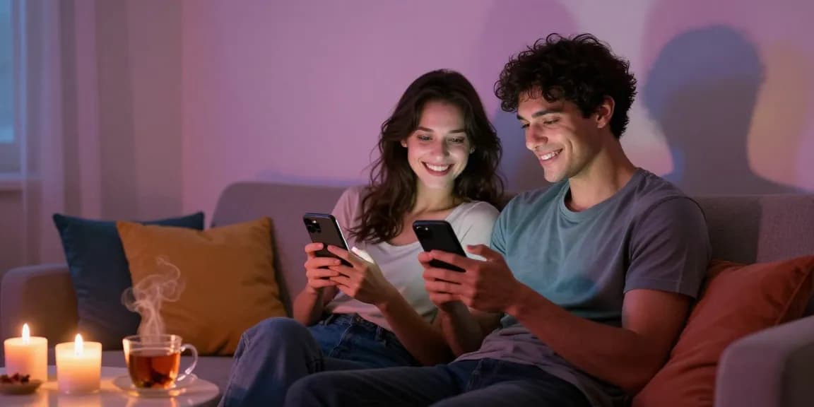 Couple engaged in playful ai sexting on smartphones in cozy home setting.