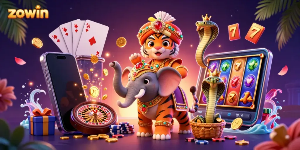 Play and win with zowin, featuring a vibrant scene of an Indian maharaja character and rich casino elements.
