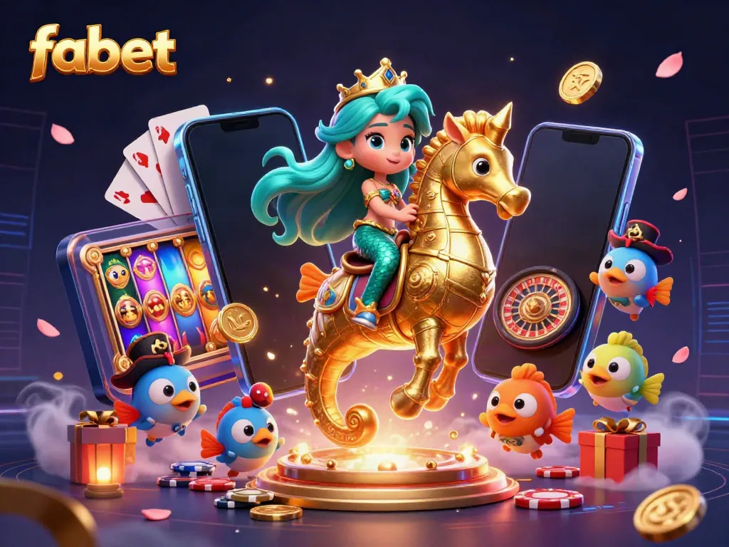 Experience Fabet's thrilling gaming world with mermaid princess riding a seahorse amidst colorful slot games.