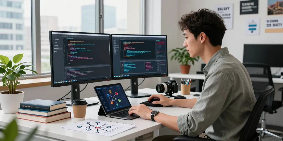 A data scientist utilizing advanced machine learning tools in a modern office with dual-monitor setup, showcasing Python visualizations and creative workspace elements.