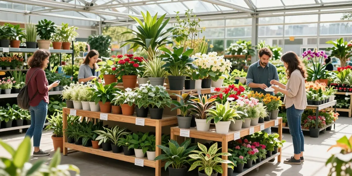 Customers see the full range of planters and plants at a vibrant garden center.