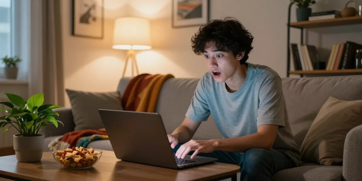 Engaging in an ai porn chat in a cozy living room with soft lighting and a laptop.