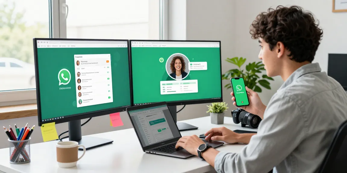 WhatsApp下載 scene with a professional using dual monitors and a smartphone in a modern office environment.