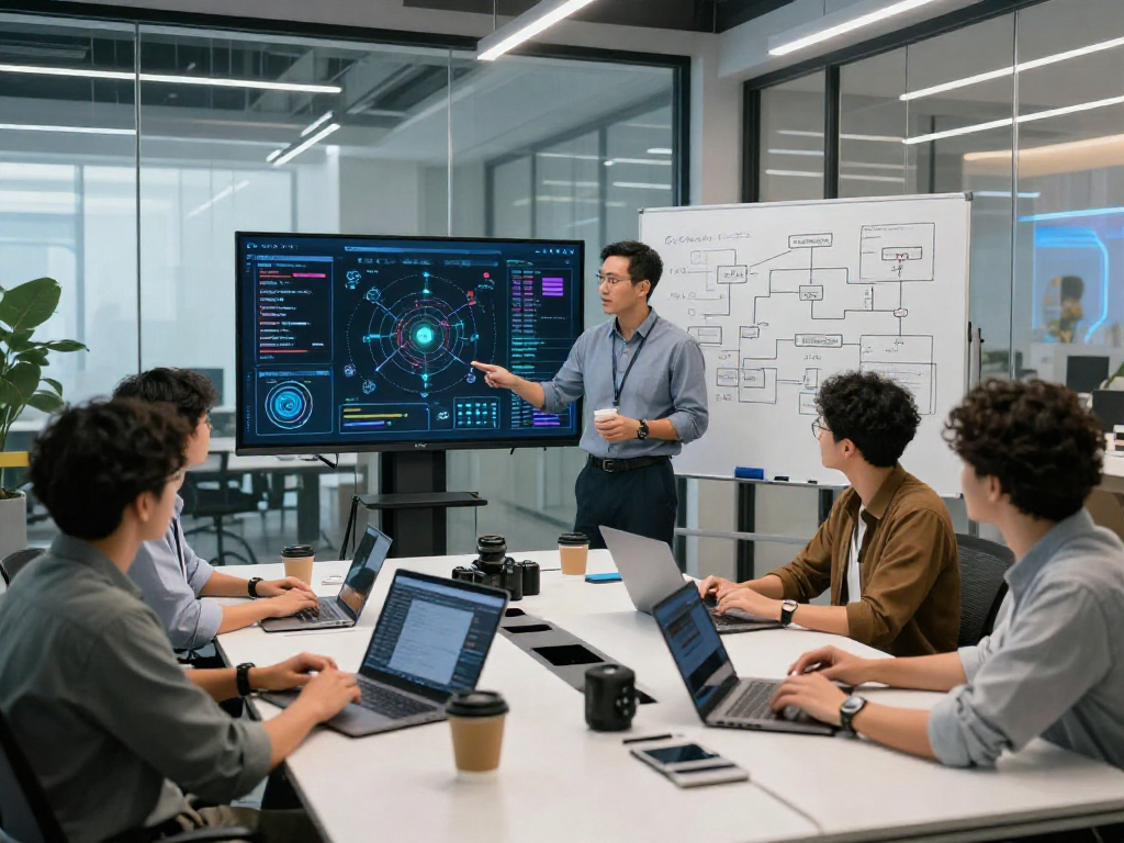 AI team collaborating on spicy AI projects in a modern workspace