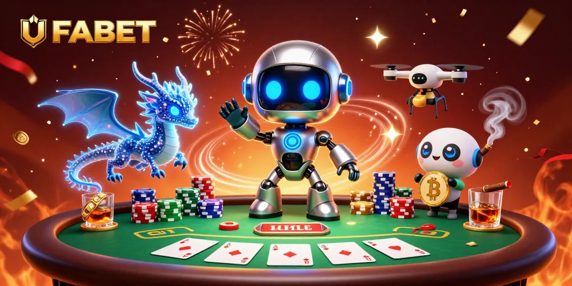 Experience the thrill of UFABET with a vibrant 3D casino scene featuring a cyberpunk robot and poker elements.