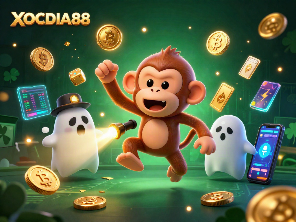 Engage with XOCDIA88 as the playful monkey juggles coins in a haunted casino scene.
