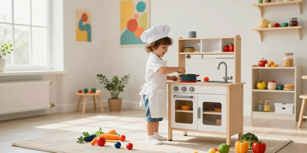 Kids kitchen playtime scene featuring a child cooking with vibrant toy utensils and vegetables.