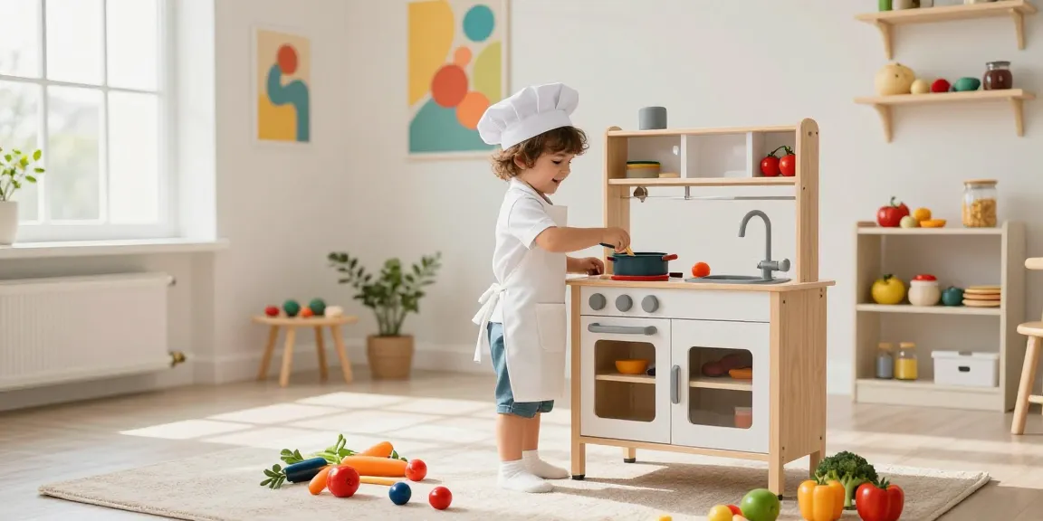 Kids kitchen playtime scene featuring a child cooking with vibrant toy utensils and vegetables.
