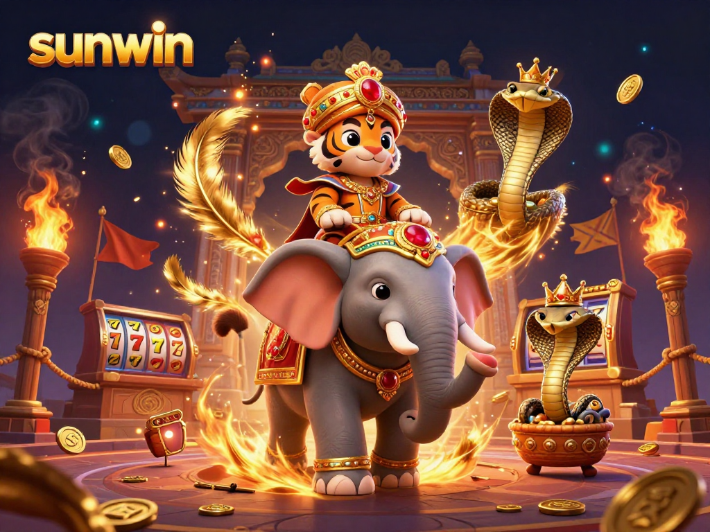Spin the reels in sunwin’s vibrant casino world featuring a royal tiger and a jewel elephant
