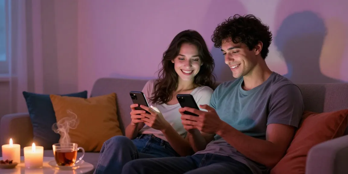 Couple engaged in playful ai sexting on smartphones in cozy home setting.