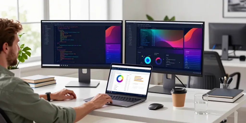 Web developer focused on coding an instant indexing tool in a modern workspace.