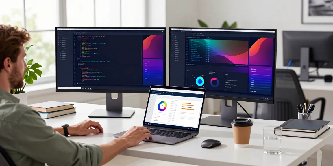 Web developer focused on coding an instant indexing tool in a modern workspace.
