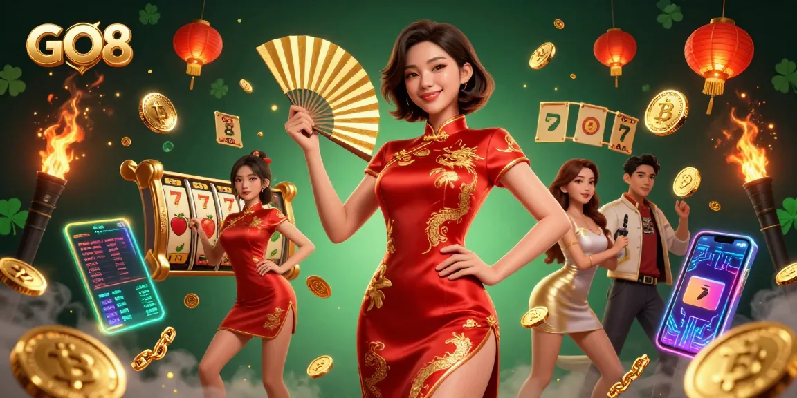 Experience the excitement of GO8 casino with slots, golden coins, and vibrant characters in a dynamic scene.