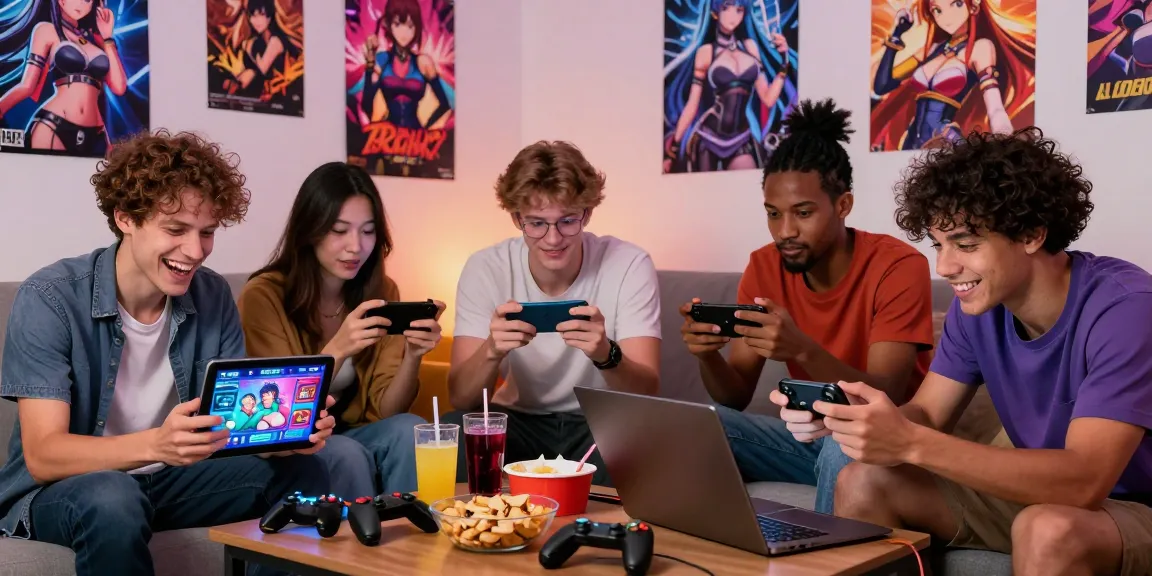 Playing free mobile hentai games in a cozy group setting with laughter and excitement.