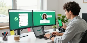 WhatsApp下載 scene with a professional using dual monitors and a smartphone in a modern office environment.