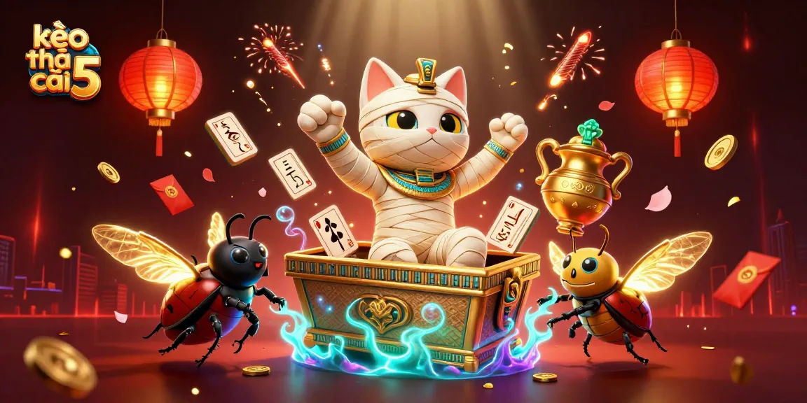 Bet on kèo nhà cái 5 with a vibrant 3D casino scene filled with Egyptian-themed characters and elements.