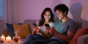 Couple engaged in playful ai sexting on smartphones in cozy home setting.