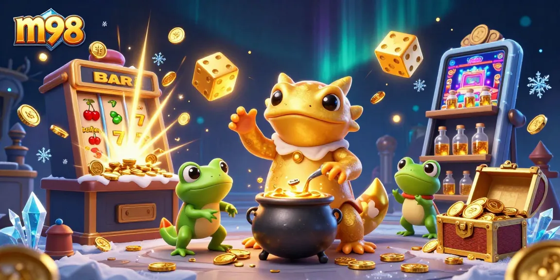Join the m98 alchemist in a magical casino scene, celebrating big wins with golden treasures.