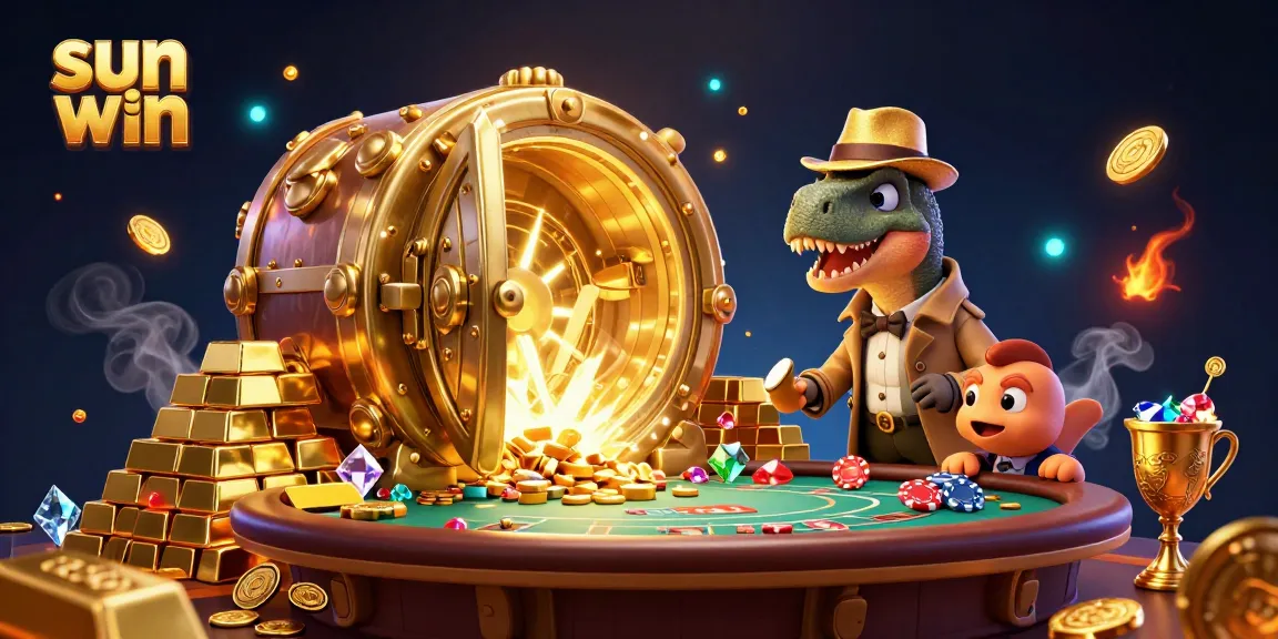 Experience exciting gameplay with sun win as a velociraptor card counter in a thrilling casino scene filled with treasures.