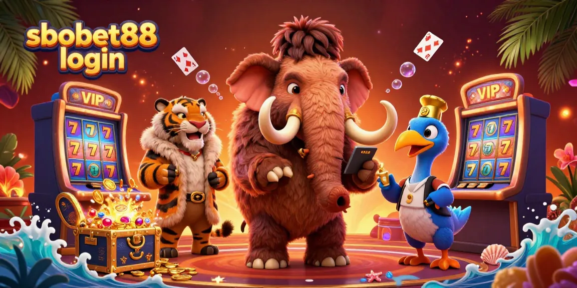 Engage in thrilling gaming with sbobet88 login at a vibrant cartoon casino, marked by colorful slots and dynamic characters.