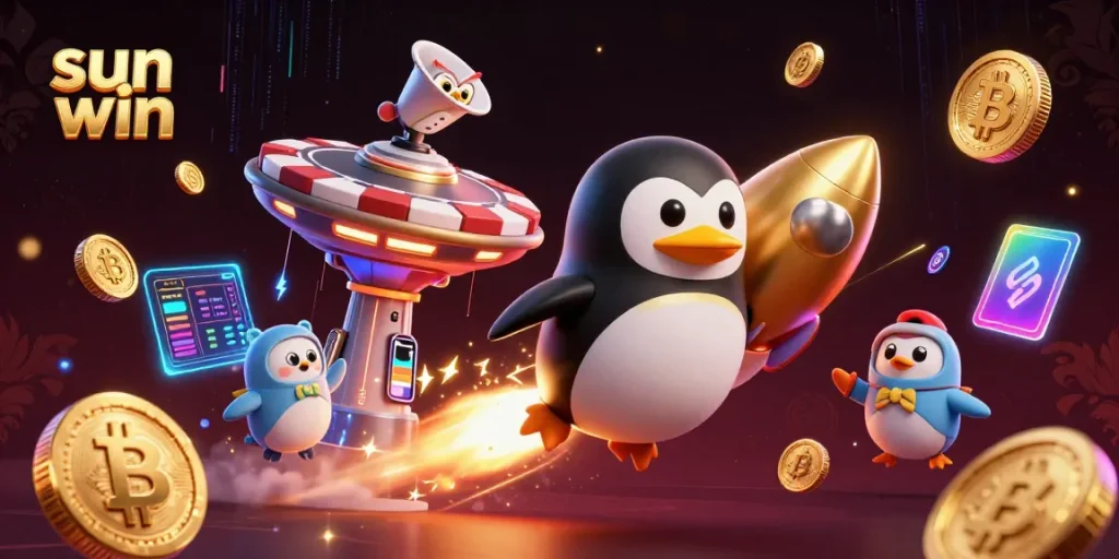 Experience thrilling wins with sun win featuring a rocket penguin and cryptocurrency elements.
