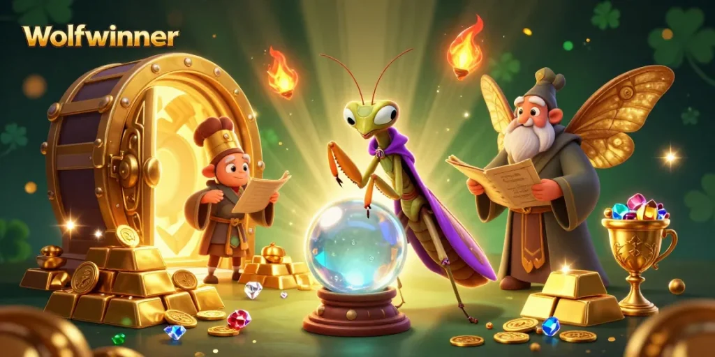 wolfwinner's 3D cartoon illustration showcasing a fortune teller and a wise librarian in a dazzling casino setting.