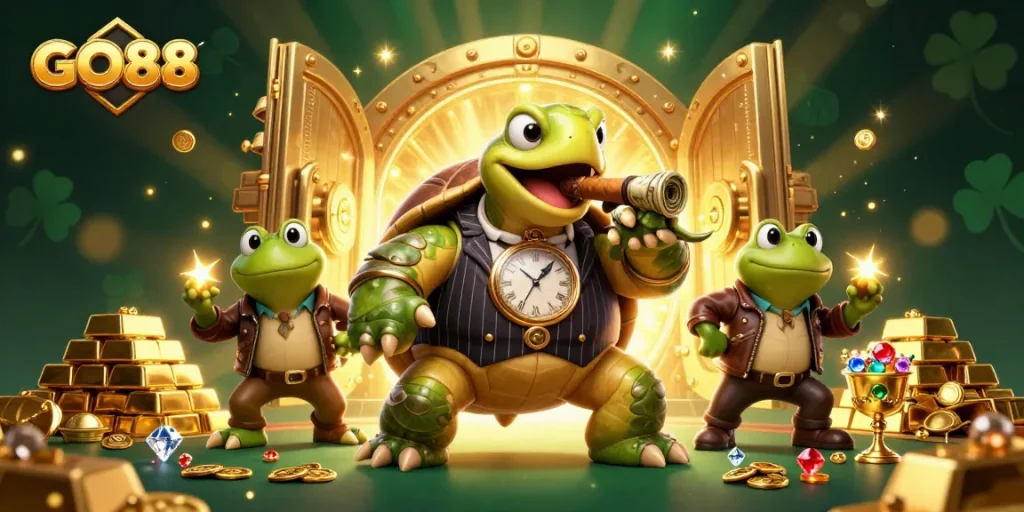 Experience the excitement of GO88 as a massive turtle casino mogul leads a thrilling game scene with sparkling treasures.