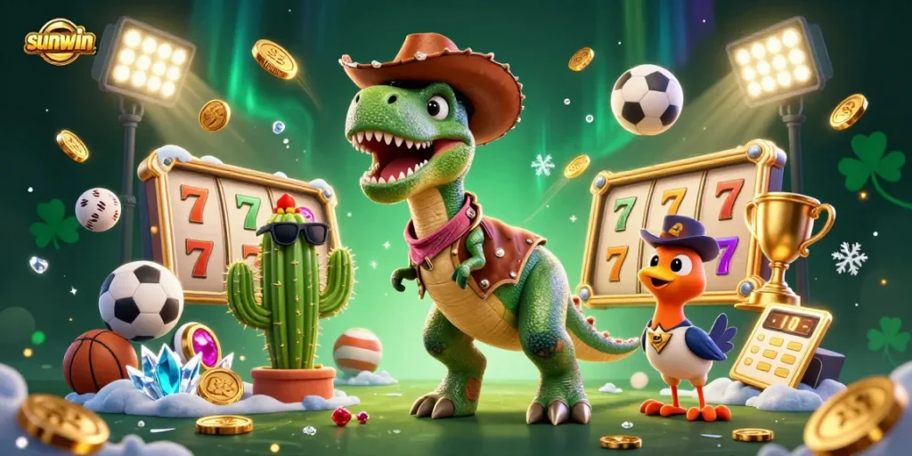Experience thrilling slots at sunwin with a vibrant 3D casino scene featuring adventurous characters.