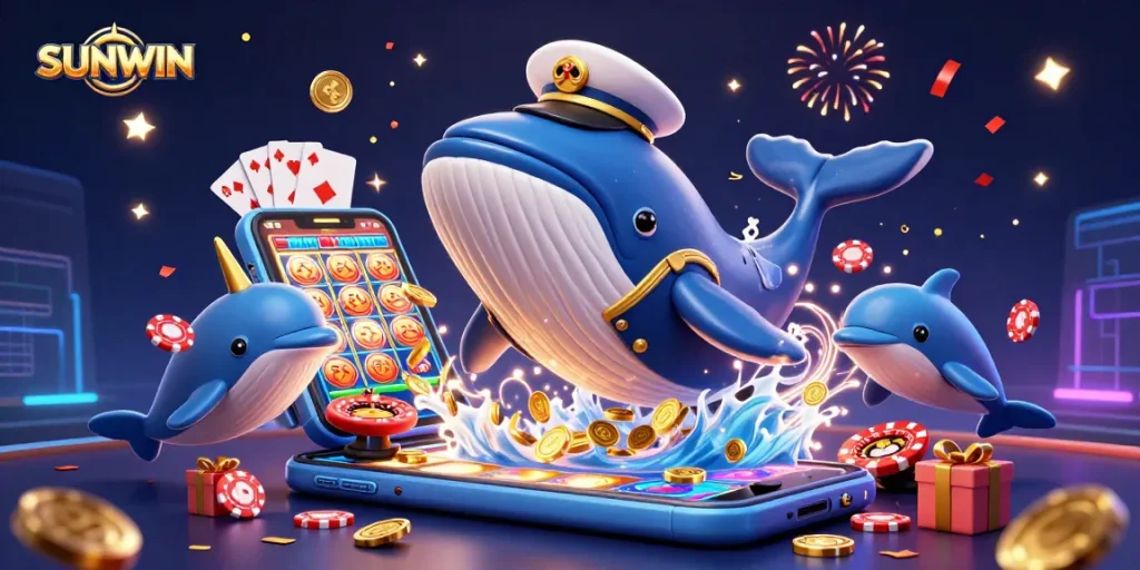 SUNWIN celebrates with a vibrant 3D illustration of a whale, narwhal, and dolphins amidst casino elements.