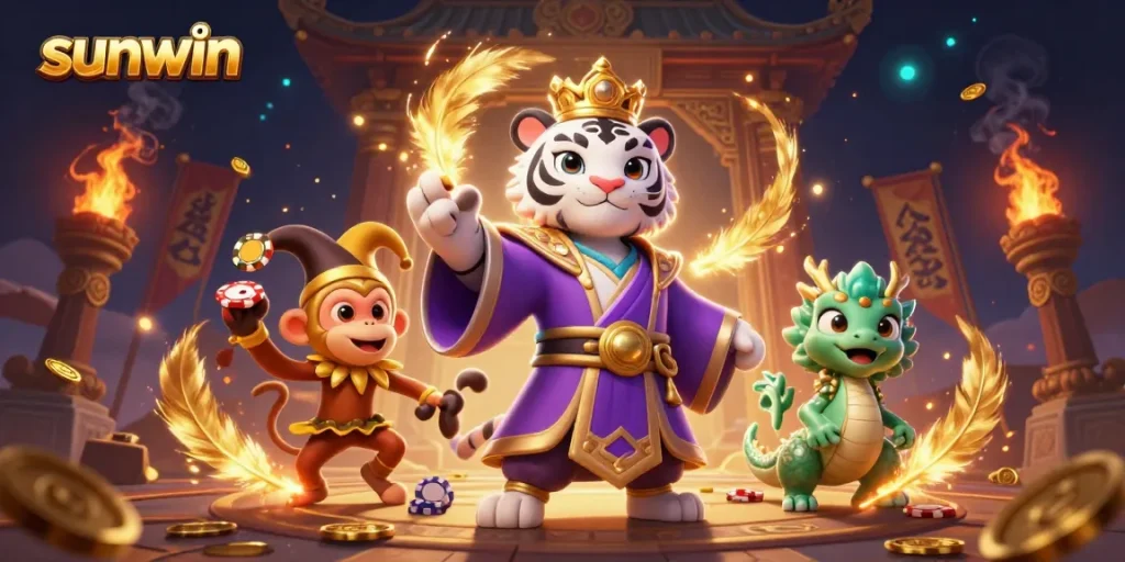 Engage with sunwin for thrilling casino action featuring a tiger, monkey, and dragon in a vibrant 3D scene.