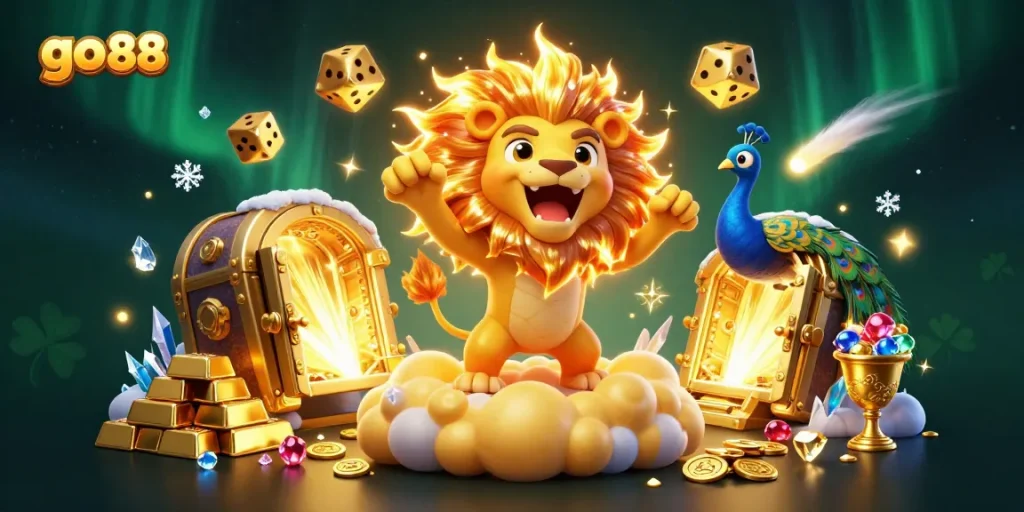 Experience the excitement of go 88 with a vibrant casino-themed illustration featuring a roaring lion and dynamic game elements.