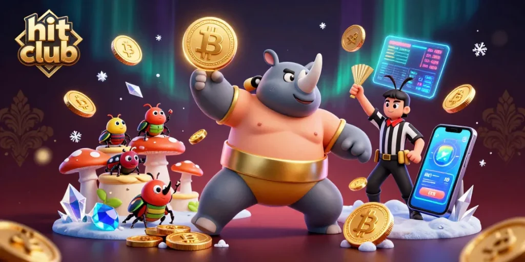 Witness the excitement of hit club as a sumo champion sends coins flying in a vibrant 3D casino scene.